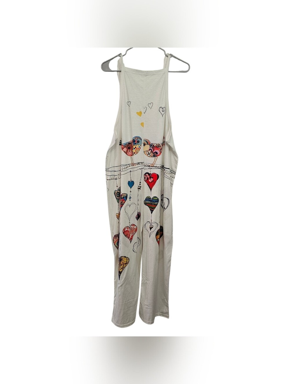 Boho Bird Heart Print Jumpsuit Women Size XXL White Graphic Tie Strap Overalls - Picture 3 of 9